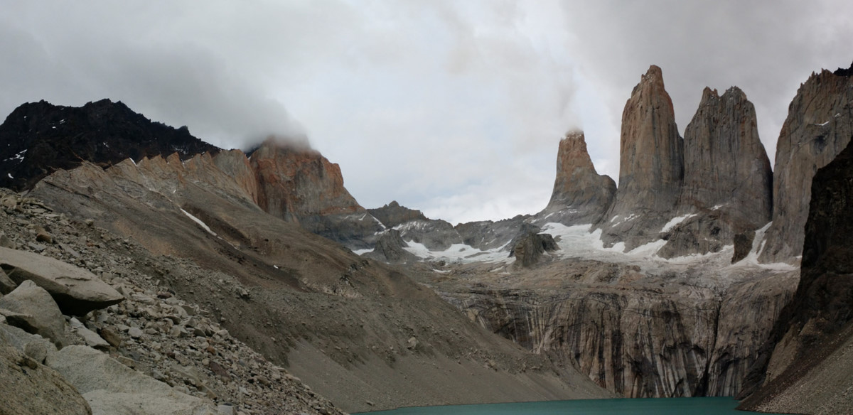 Torres del Paine on a foggy morning